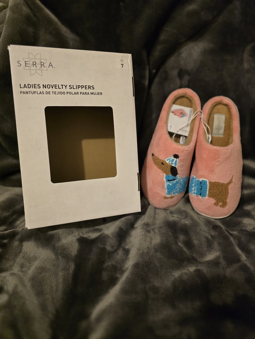 Serra Ladies Size 7, Pink Plush Slippers with Dachshund Design